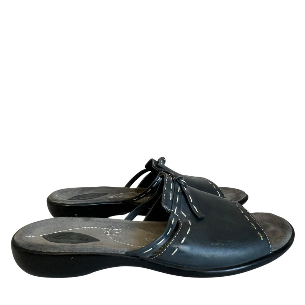 Clarks Leather Slide Sandals Womens Size 8 Slip-on Blue Gray Contrast Stitching
